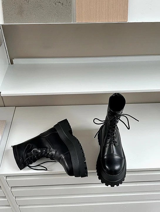 韓國鋸齒厚底綁帶軍靴｜真皮霧亮質感・顯瘦增高6.5cm（B908）