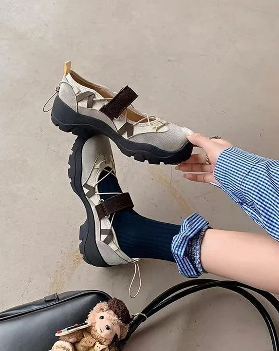 機能風魔鬼氈厚底休閒鞋｜棕/米｜3.5cm 增高