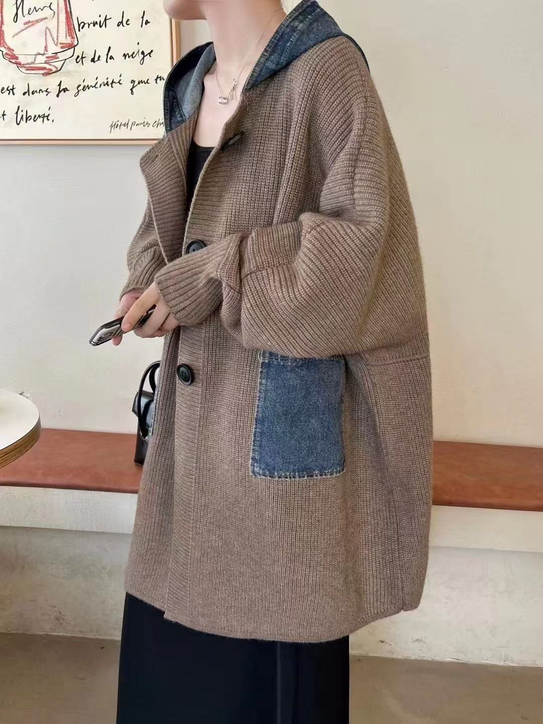 拼接牛仔連帽針織外套｜杏/卡/灰