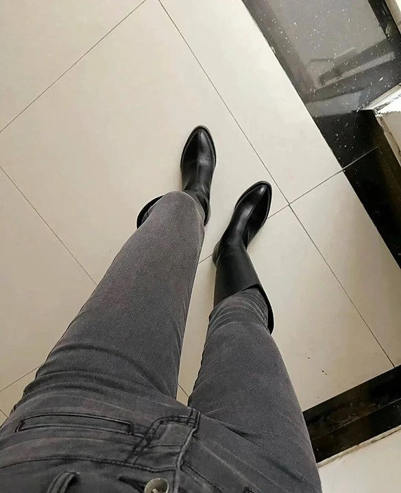 韓國真皮V口俐落西部長靴｜顯腿長必收款 黑/棕