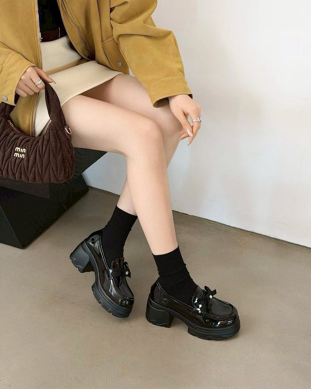 預售限定！F112｜韓國甜酷漆皮蝴蝶結厚底樂福鞋