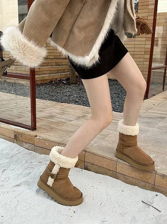 韓國真皮羊羔毛翻折雪靴｜焦糖棕・暖冬質感系（B6625）